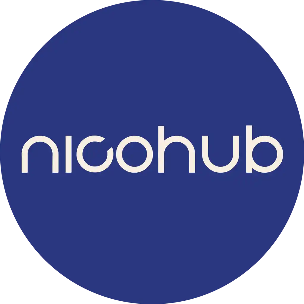 Nicohub logo with white text and blue circle