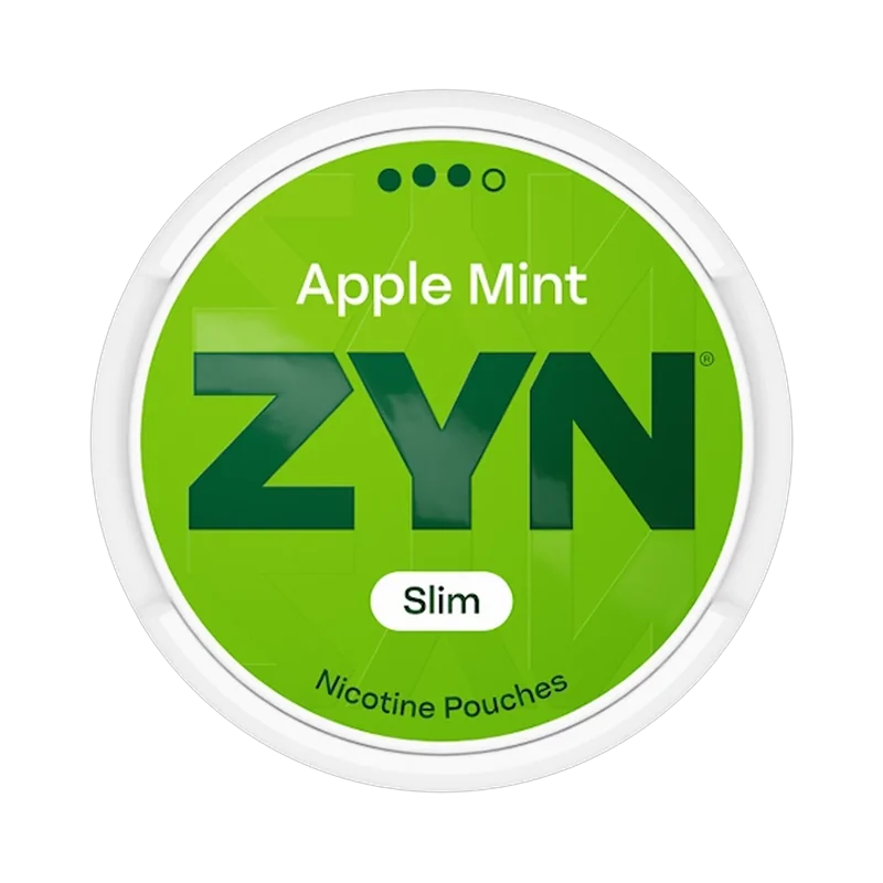 Front view of ZYN Apple Mint Strong nicotine pouch – Slim with crisp green apple and cooling mint flavor.