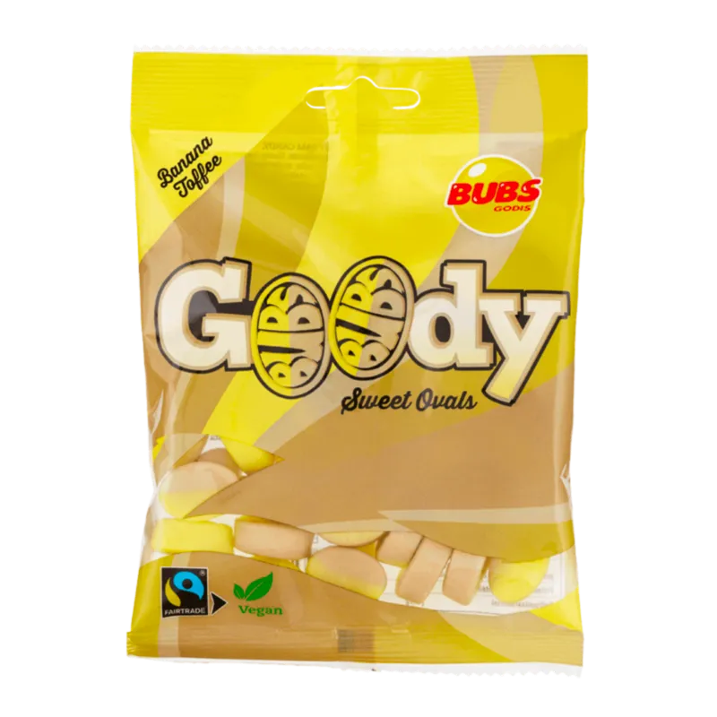 Front view of BUBS Goody Banana Toffee bag – soft vegan Swedish candy with banana and toffee flavor.