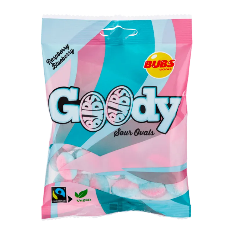 Package of Bubs Goody Sour Ovals candy in Raspberry and Blueberry flavor with visible brand logos.