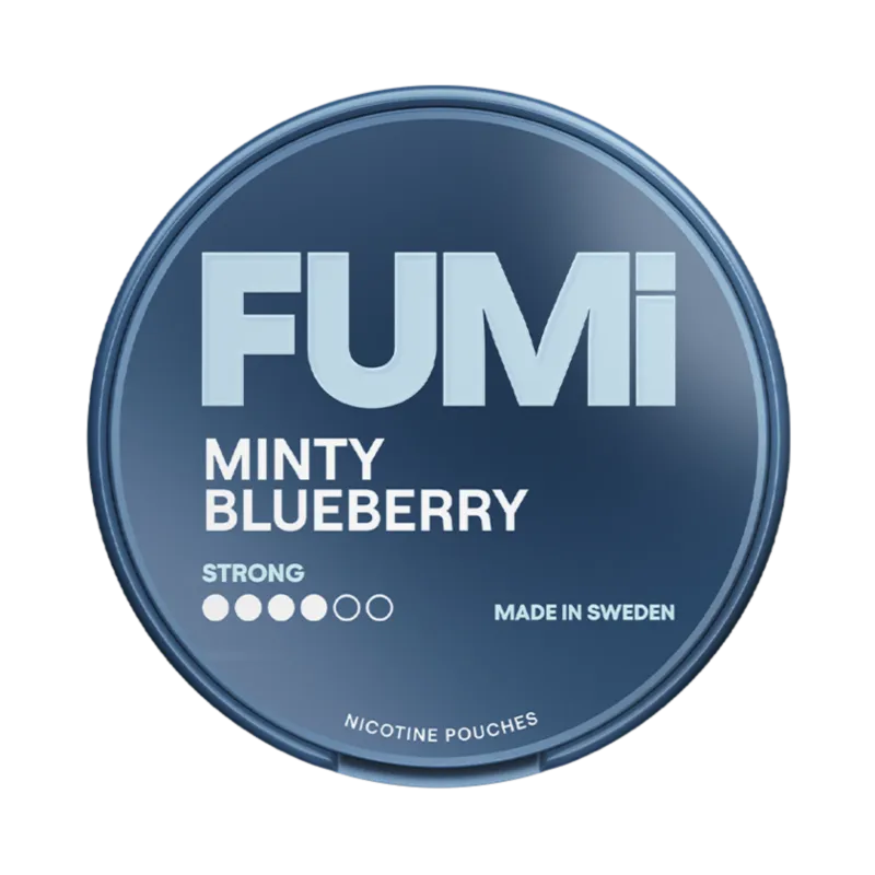 Front view of FUMi Minty Blueberry nicotine pouch – 8.4mg strength with Icy Minty berry flavor.