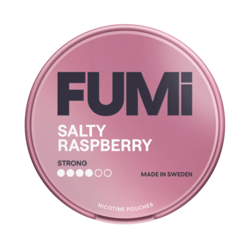 Front view of FUMi Salty Raspberry nicotine pouch – 8.4mg strength with salty  berry flavor.