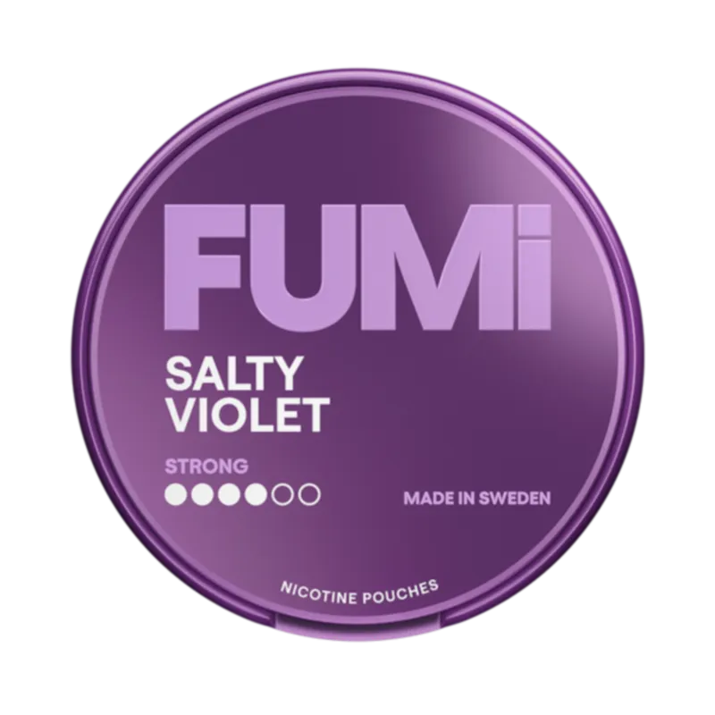 Front view of FUMi Salty Violet nicotine pouch – 8.4mg strength with sweet violet paired with salty licorice flavor.