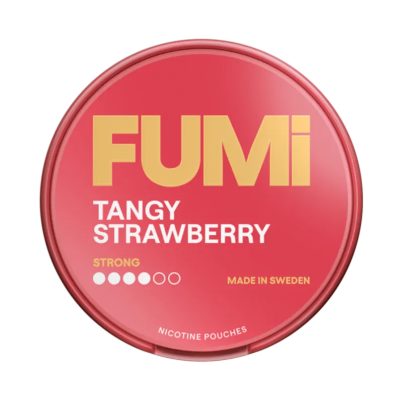 Front view of FUMi Tangy Strawberry nicotine pouch – 8.4mg strength with sweet creamy strawberry flavor.