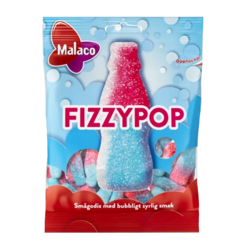 Front view of Fizzy Pop candy – sour soda bottle gummies with fizzy sweet and tangy flavor.