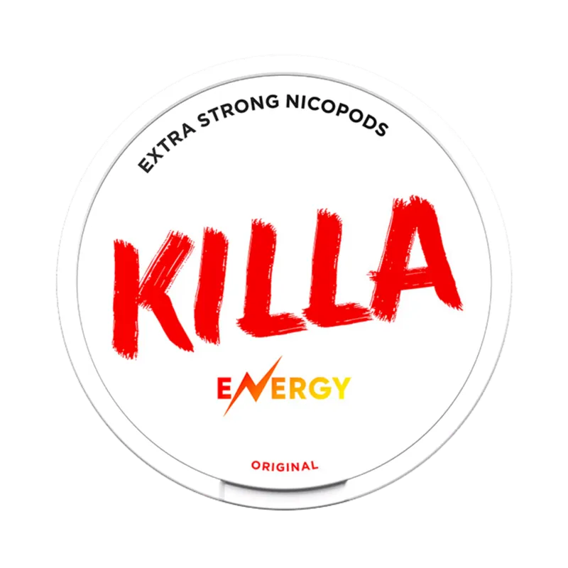 Front view of Killa Energy nicotine pouches, with the flavor of red bull, energy drink taste