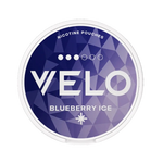 Front view of VELO Blueberry Ice nicotine pouch – refreshing icy blueberry flavor.