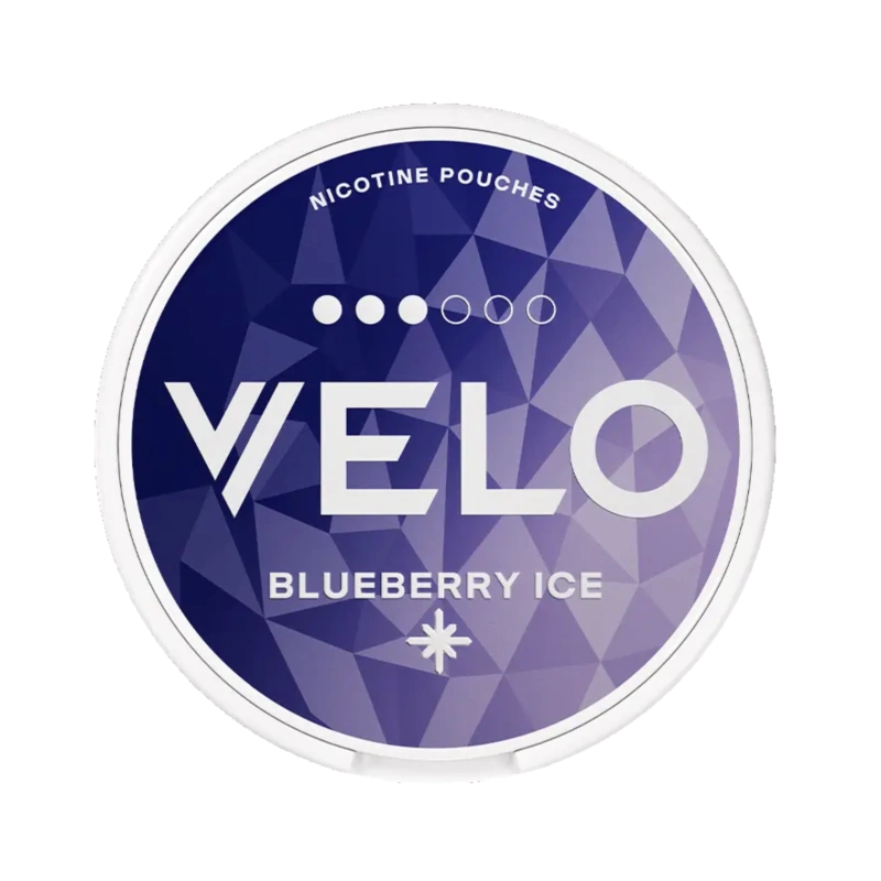 Front view of VELO Blueberry Ice nicotine pouch – refreshing icy blueberry flavor.