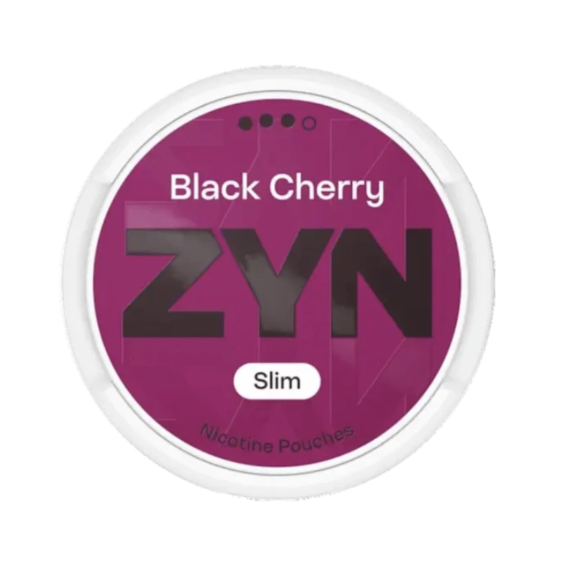 Front view of ZYN Black Cherry Slim Strong 9mg nicotine pouch – strong with rich cherry flavor.