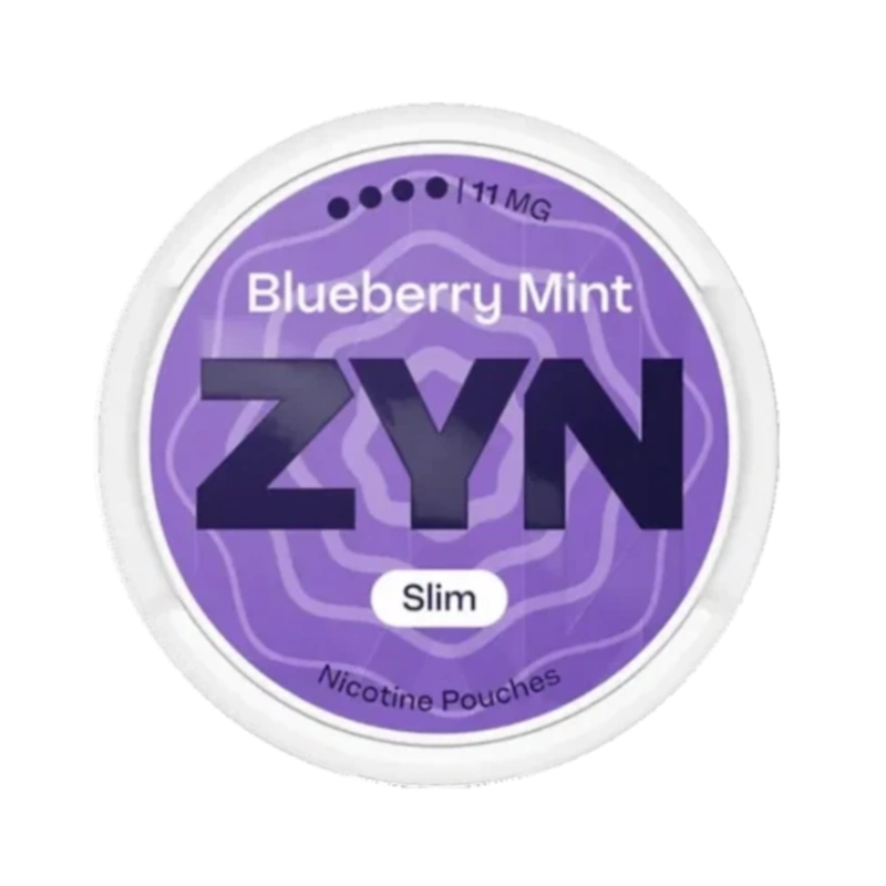 Front view of ZYN Blueberry Mint Slim Extra Strong 11mg nicotine pouch – Super Strong with sweet minty blueberry flavor.
