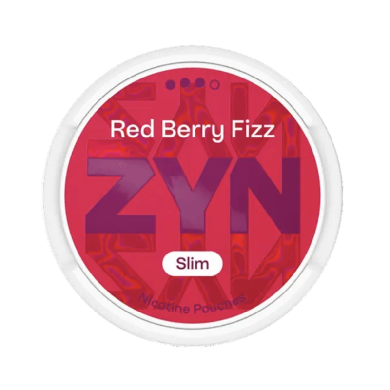 Front view of ZYN Red Berry Fizz Slim Strong 9mg nicotine pouch – with fizzy red berry flavor.