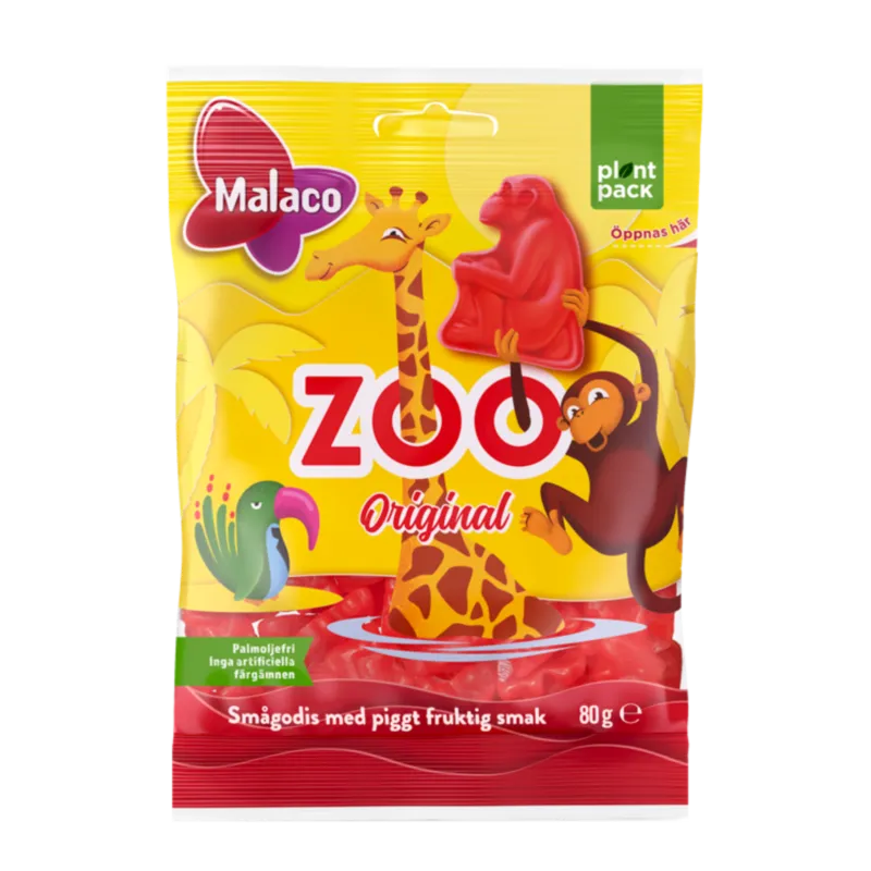 Front view of Zoo candy – 80 g fruit-flavored animal gummies with sweet chewy texture containing wheat.