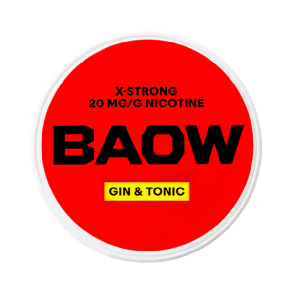 Front view of BAOW Gin & Tonic nicotine pouch – 12mg strength with cocktail-inspired flavor.