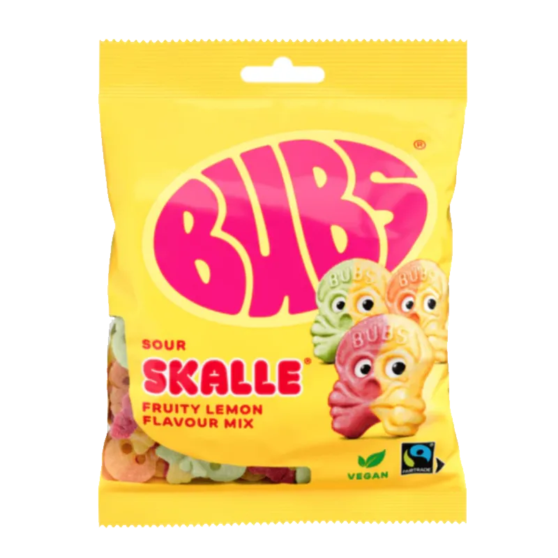 Front view of BUBS Fruity Lemon Skalle candy – sour vegan mix with citrus and fruit flavors.
