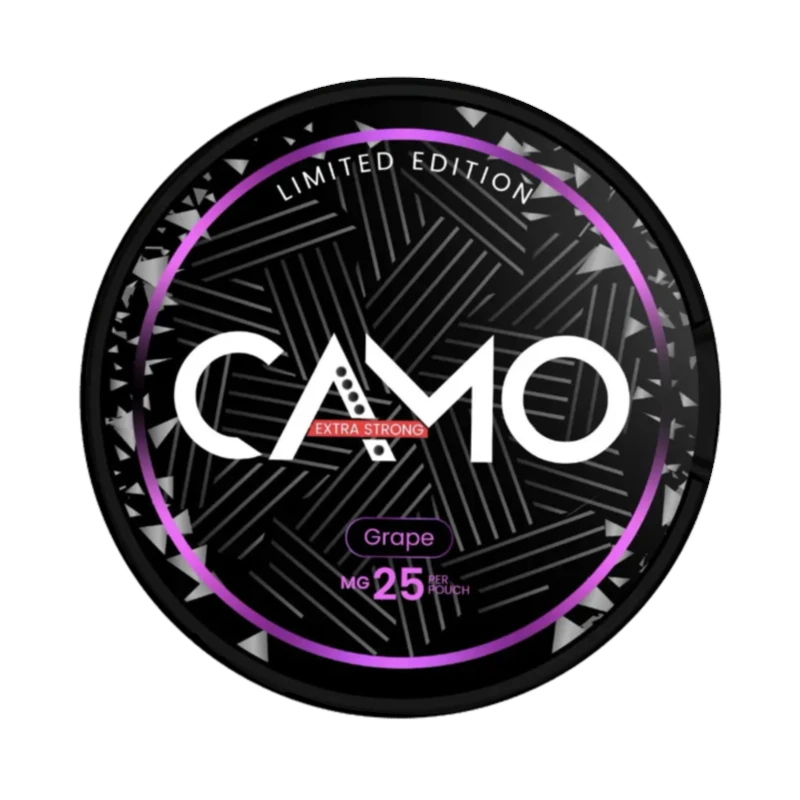 Front view of CAMO Grape Limited Edition nicotine pouch – 25 mg strength with sweet grape flavor.