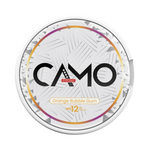 Front view of CAMO Orange Bubble Gum nicotine pouch – 12 mg strength with sweet orange bubble gum flavor.