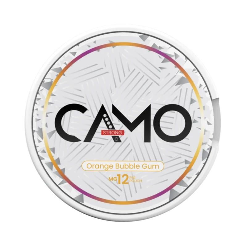 Front view of CAMO Orange Bubble Gum nicotine pouch – 12 mg strength with sweet orange bubble gum flavor.