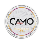 Front view of CAMO Orange Bubble Gum nicotine pouch – 25 mg strength with sweet orange bubble gum flavor.
