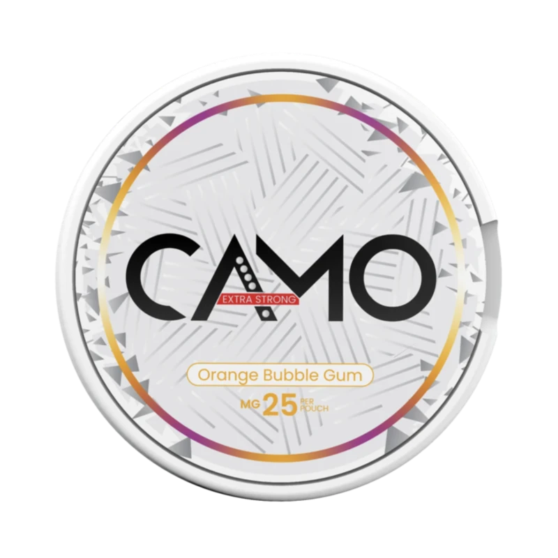 Front view of CAMO Orange Bubble Gum nicotine pouch – 25 mg strength with sweet orange bubble gum flavor.