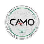 Front view of CAMO Peppermint nicotine pouch – 12 mg strength with cool peppermint flavor.