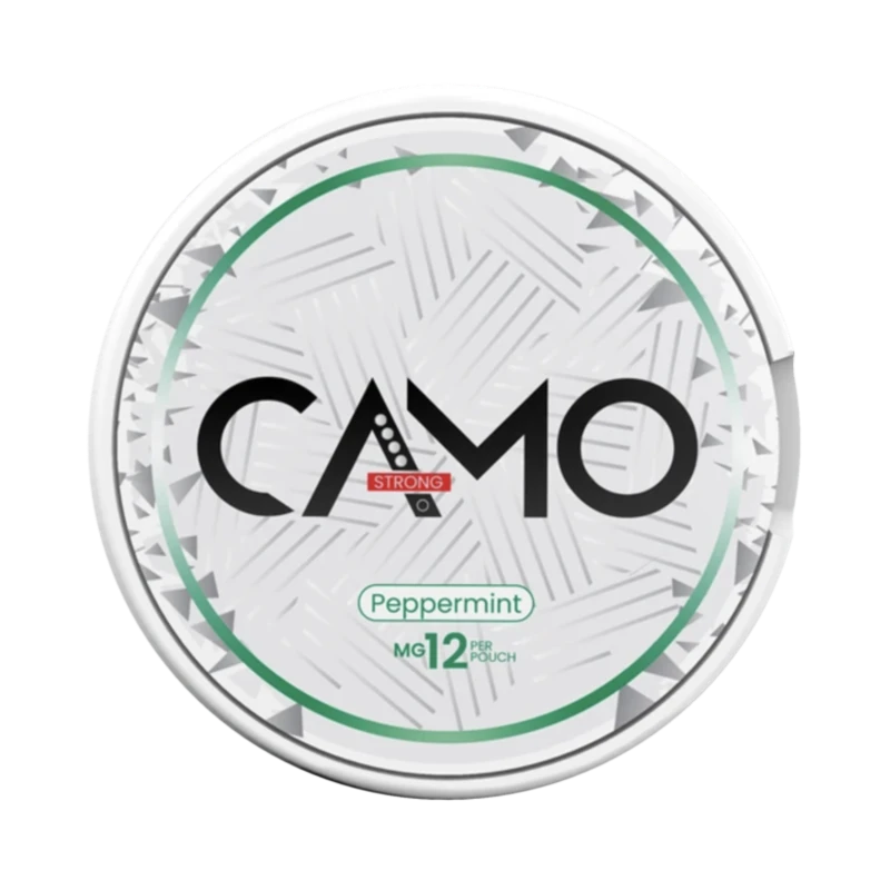 Front view of CAMO Peppermint nicotine pouch – 12 mg strength with cool peppermint flavor.