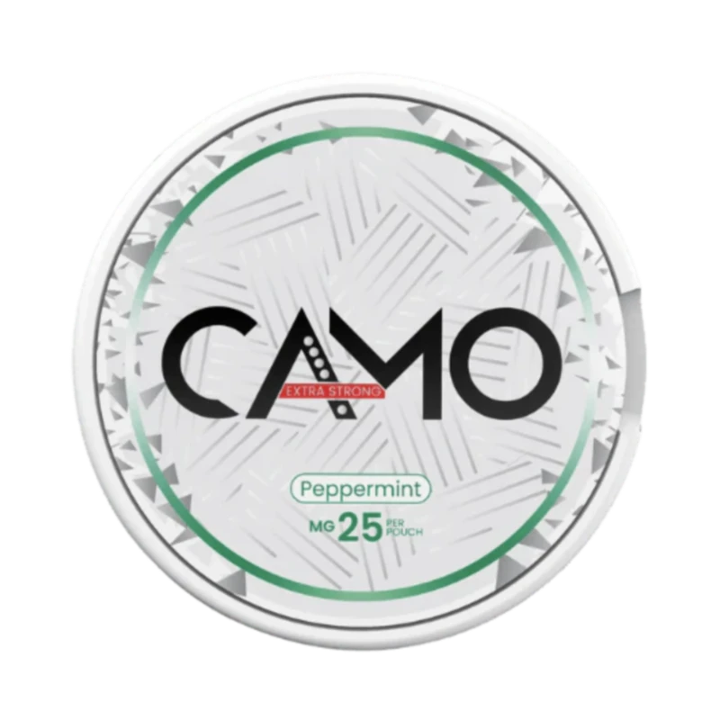 Front view of CAMO Peppermint nicotine pouch – 25 mg strength with cool peppermint flavor.