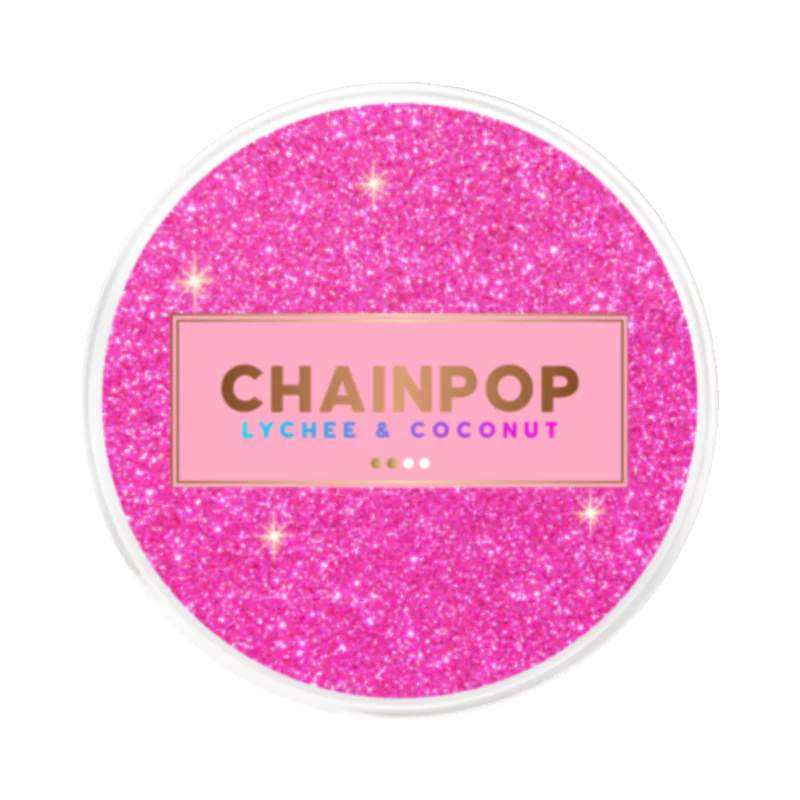 Front view of CHAINPOP Lychee Coconut nicotine pouch – 5mg strength with lychee and coconut flavor.