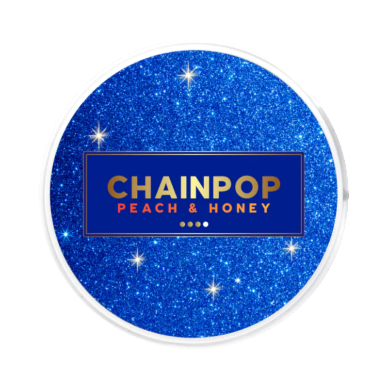 Front view of CHAINPOP Peach Honey nicotine pouch – 9mg strength with peach and honey flavor.