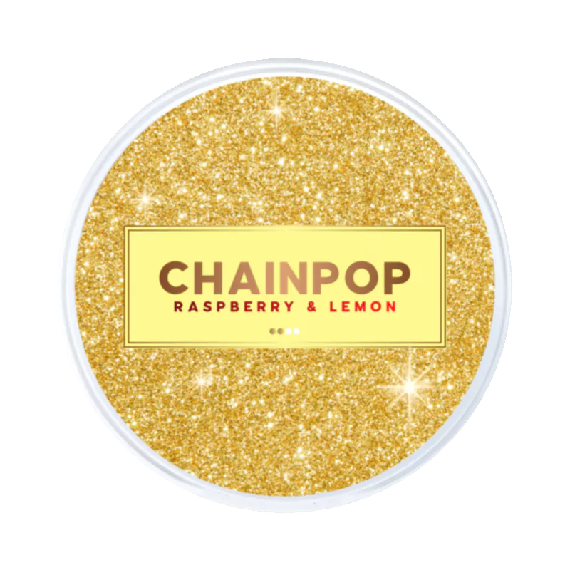 Front view of CHAINPOP Raspberry Lemon nicotine pouch – 5mg strength with raspberry and lemon flavor.