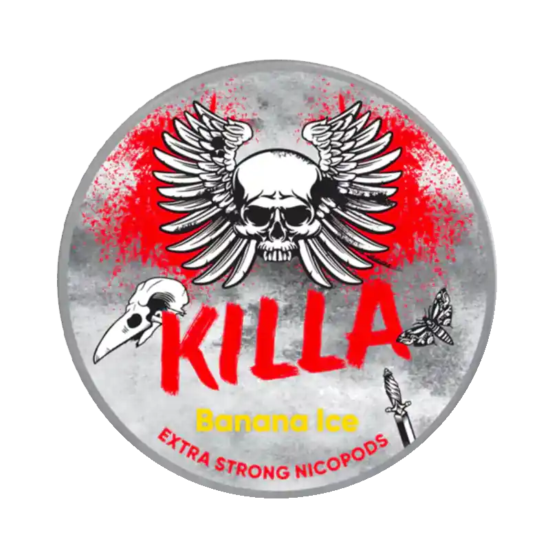 Front view of KILLA  Banana Ice nicotine pouch -12.8mg strength with banana flavor
