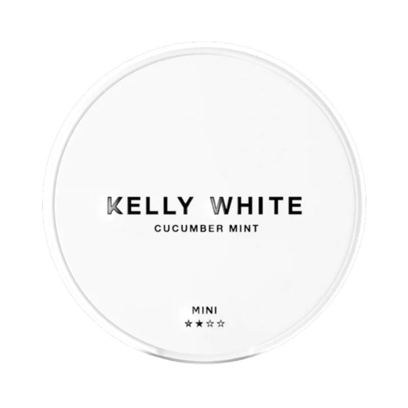 Front view of KELLY WHITE Cucumber Mint Mini nicotine pouch – 5mg strength with cucumber and mint flavor