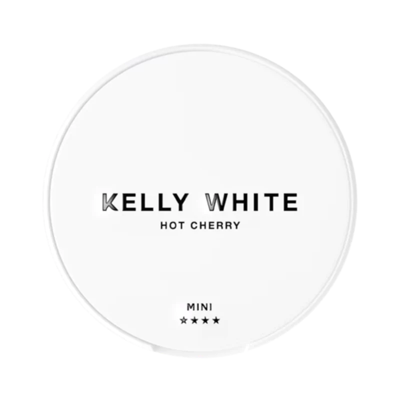 Front view of KELLY WHITE Hot Cherry Mini nicotine pouch – 6.5mg strength with spicy chili and cherry flavor