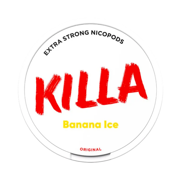 Front view of KILLA Banana Ice nicotine pouch – extra strong with sweet banana and cooling ice flavor.