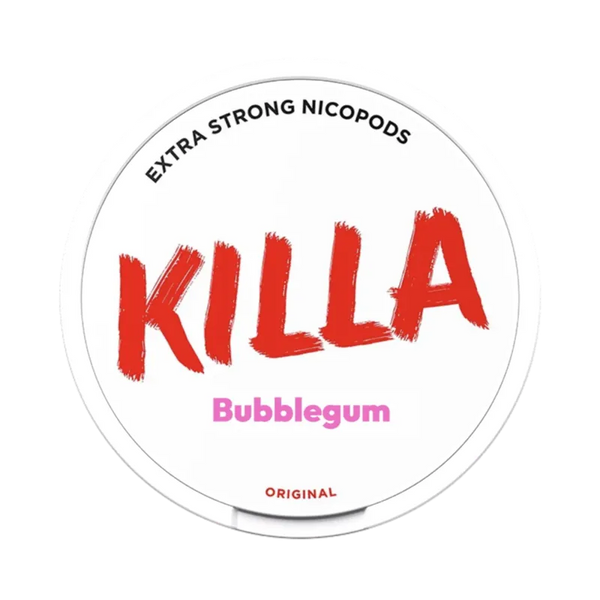 Front view of KILLA Bubblegum nicotine pouch – 12.8mg strength with classic bubblegum flavor