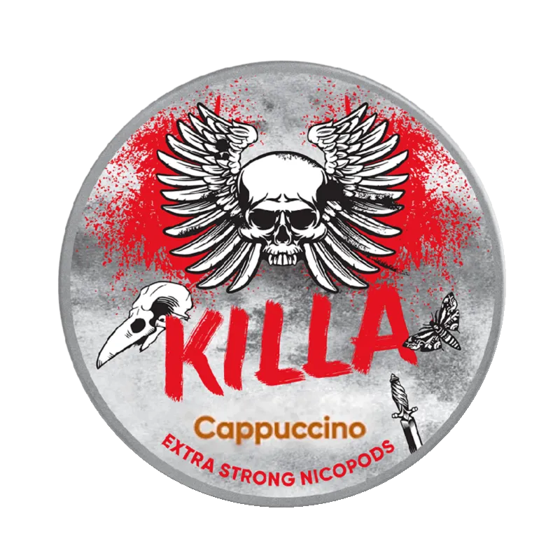 Front view of KILLA Cappuccino nicotine pouch – 12.8mg strength with rich coffee flavor