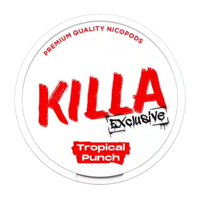 KILLA Exclusive Tropical Punch – Fruity tropical punch blend in strong 16 mg nicotine pouches.
