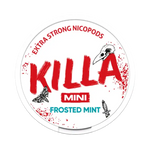 Front view of Killa Mini Frosted Mint nicotine pouch –with icy mint flavor.