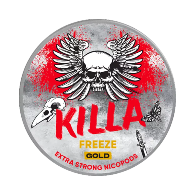 Killa nicopods freeze gold extra strong gray can, red, white and yellow label. 