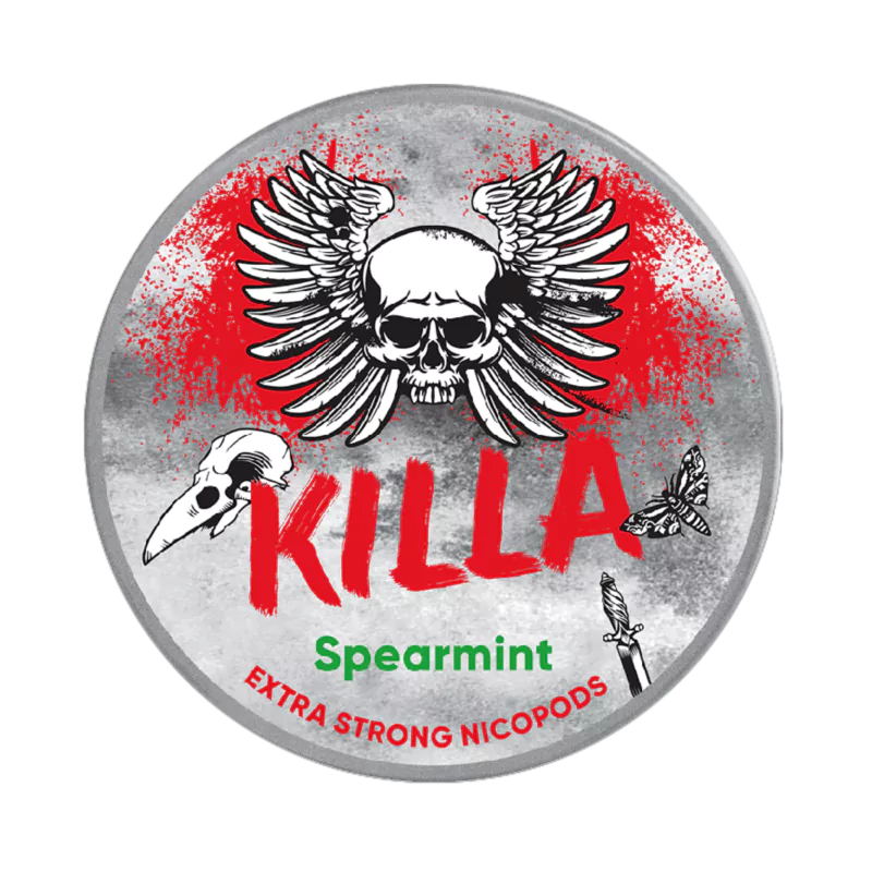 Killa spearmint extra strong nicopods, gray can, red, black and green label. 