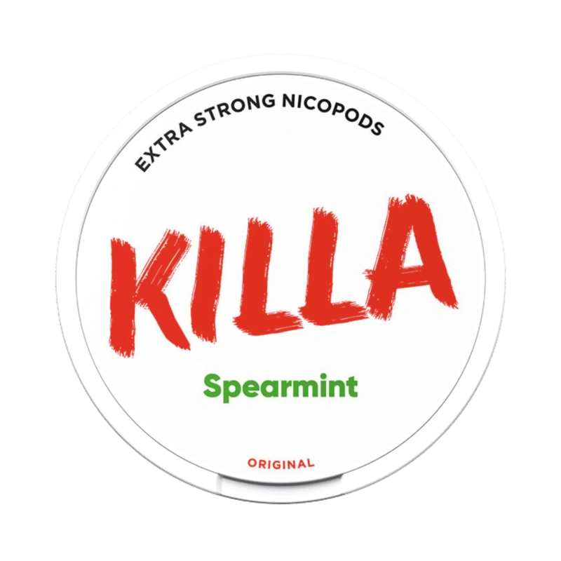 Front View of KILLA Spearmint nicotine pouch - 12.8mg strength with spearmint flavour.