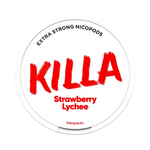 Front view of KILLA Strawberry Lychee nicotine pouch – 16 mg with fruity strawberry and lychee flavor.