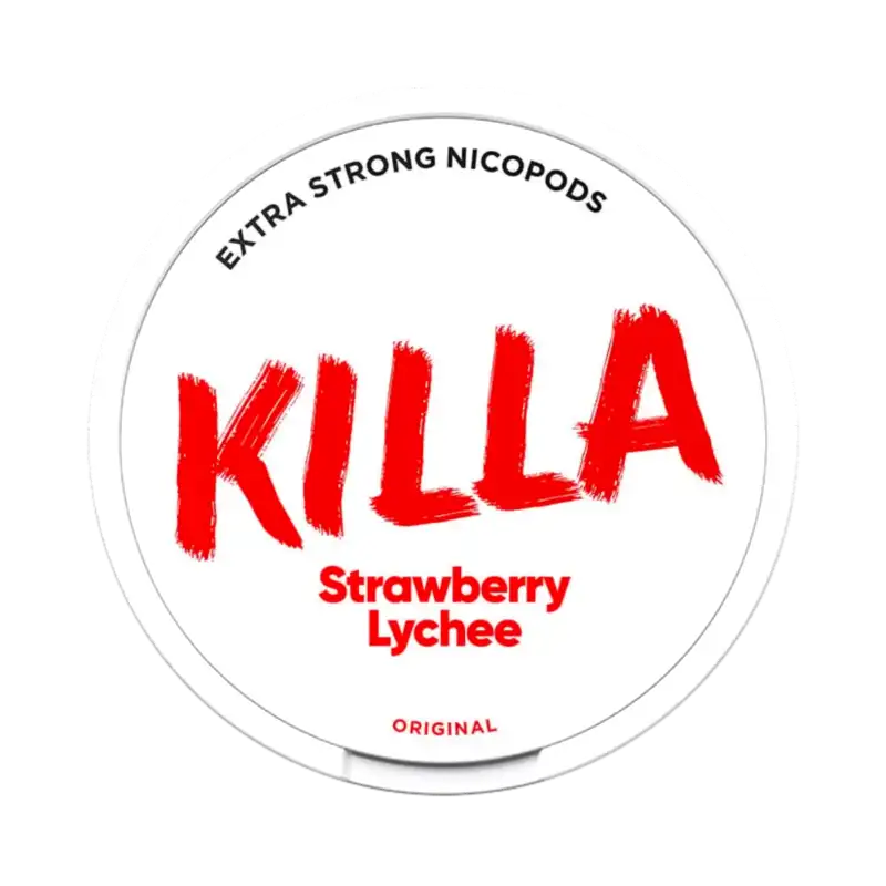 Front view of KILLA Strawberry Lychee nicotine pouch – 16 mg with fruity strawberry and lychee flavor.