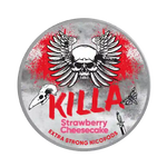 Front View of KILLA Strawberry Cheesecake nicotine pouch – 12.8mg strength  with creamy dessert flavor and bold graphic design.