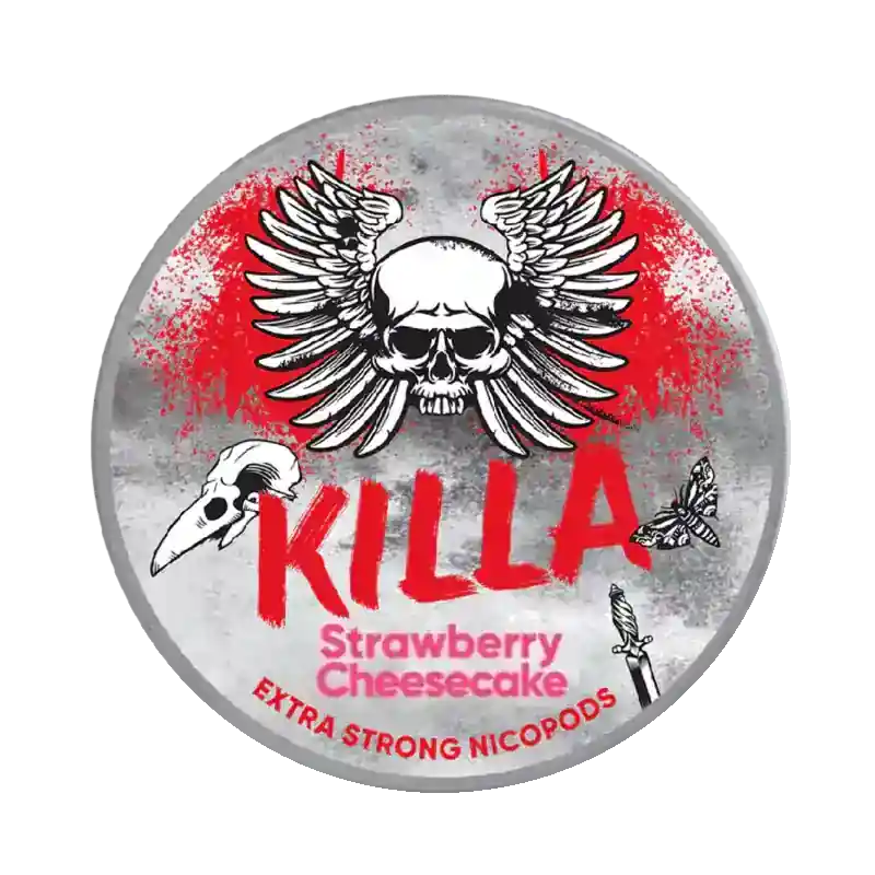 Front View of KILLA Strawberry Cheesecake nicotine pouch – 12.8mg strength  with creamy dessert flavor and bold graphic design.