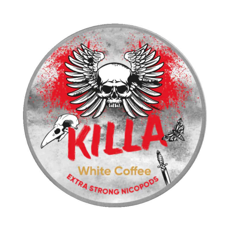 Front view of KILLA White Coffee nicotine pouch – 12.8mg strength with coffee flavor
