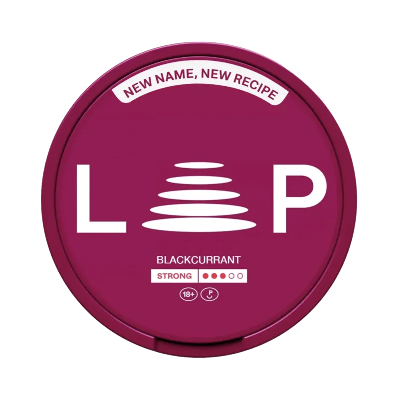 Front view of LOOP Blackcurrant nicotine pouch – Strong with rich blackcurrant flavor.