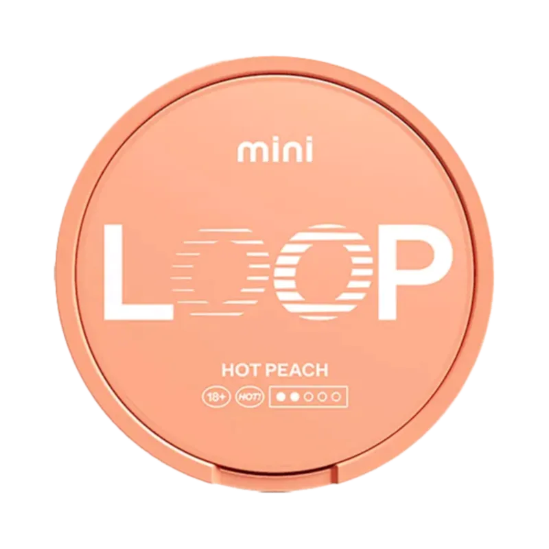 Front view of LOOP Hot Peach Mini nicotine pouch – spicy sweet peach flavour.
