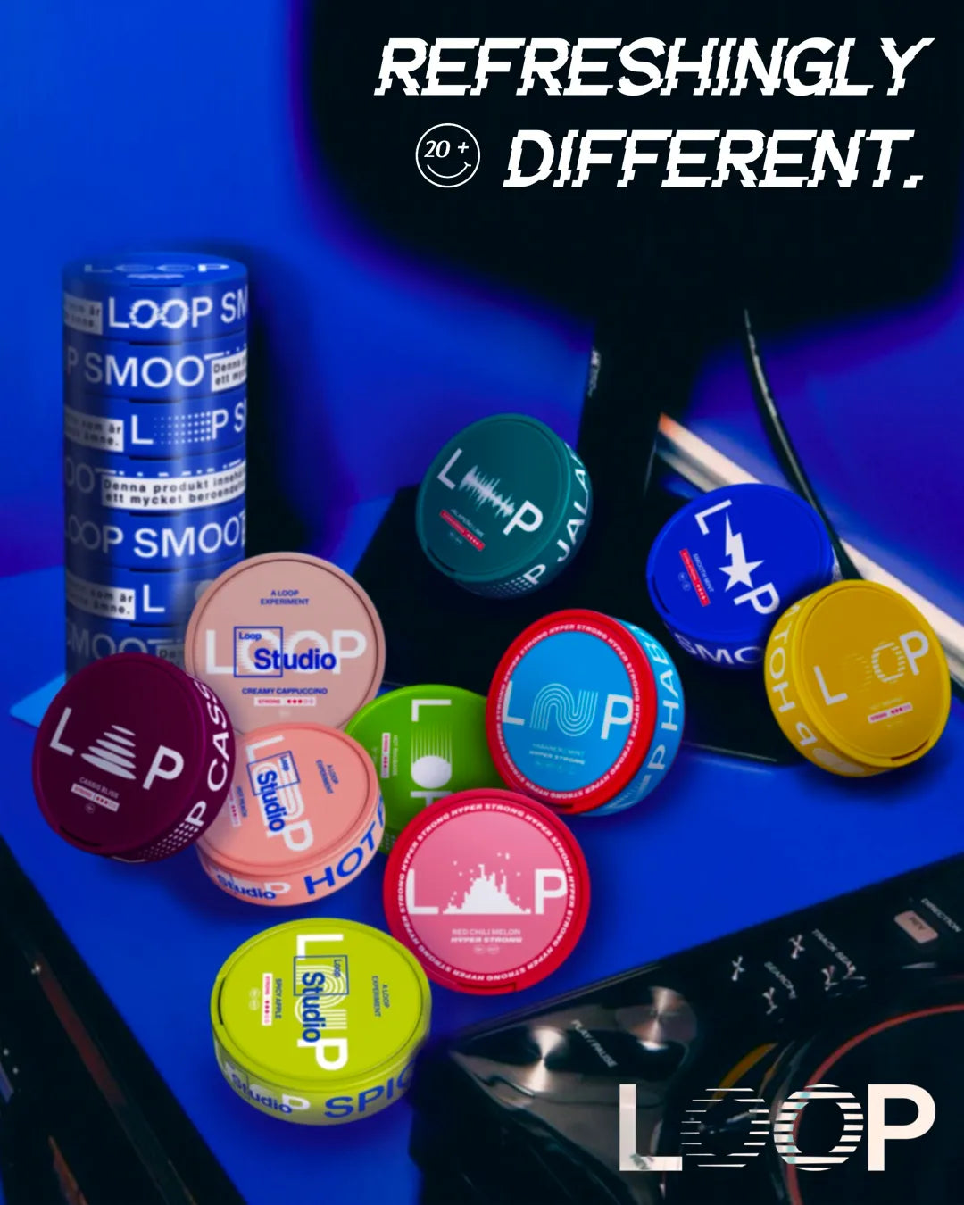loop cans displayed on table