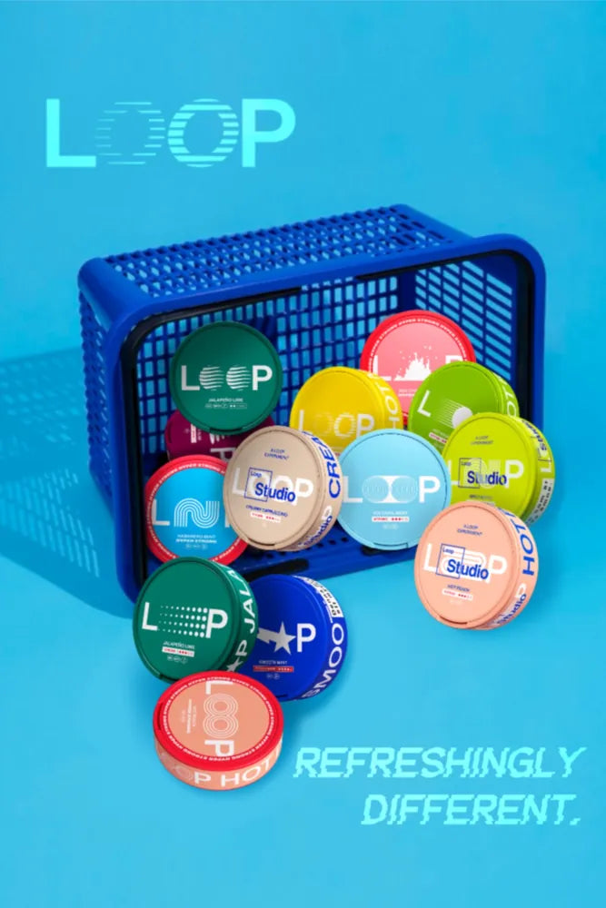 Assorted Loop nicotine pouches in colorful cans displayed with blue basket and brand logo on bright background.