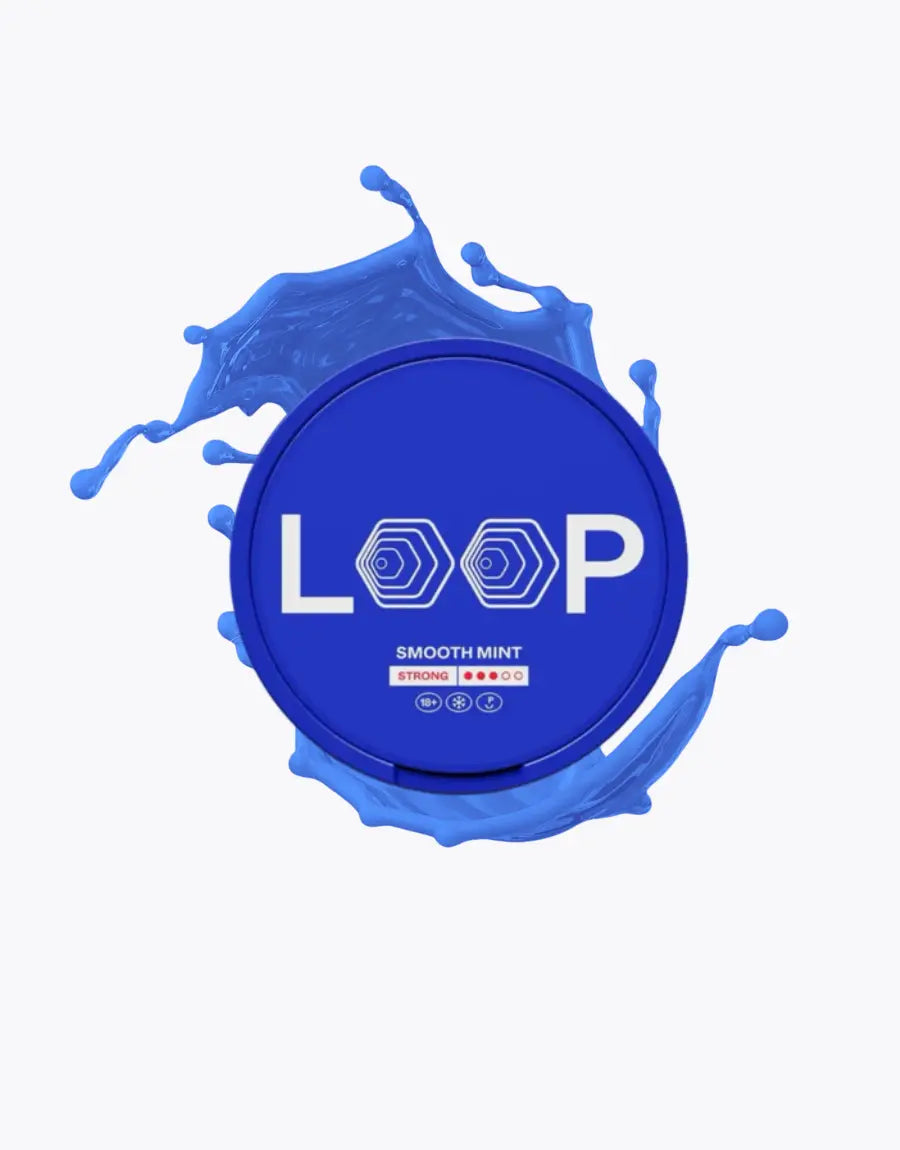 Front view of LOOP nicotine pouches – bold mix of mint, fruity, and spicy flavors in colorful cans.